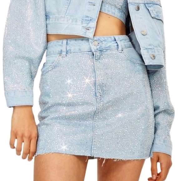 Topshop MOTO Iridescent Rhinestone Crystal Raw Hem Distressed Mini Denim Skirt 4 - Picture 1 of 16